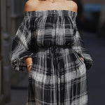 Elegant Off-the-Shoulder Plaid Maxi Dress