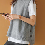 Simple Sleeveless Loose Buttoned Solid Color Round-Neck Sweater Vest Outerwear