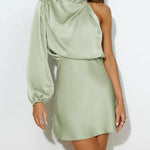 High Waisted Long Sleeves Asymmetric Elasticity Solid Color High Neck Mini Dresses