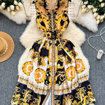 Sleeveless Belt Buckle Buttoned Contrast Color Floral Printed Midi Dresses