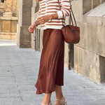 Caramel brown and white striped Chanel style knitted cardigan