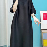 A-line Flared Sleeves Pleated Solid Color Round-neck Maxi Dresses Midi Dresses