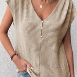 Waffle Casual Solid Color V Neck Button Pullover Women's T-Shirt