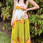 Linen Blend Contrast Floral Print back smocked Pocket Maxi Dress