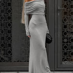 Long Sleeves Skinny Pleated Solid Color Split-Joint Off-The-Shoulder Evening Dresses Maxi Dresses