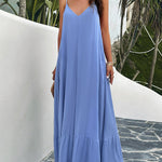 Loose Sleeveless Pleated Solid Color Split-Joint Spaghetti-Neck Maxi Dresses