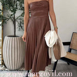 Strapless Pleated Faux Leather Midi Dress(2 Colors Available!)