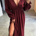 Casual V-neck Slit Cotton and Linen Dress