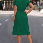 A-Line High Waisted Buttoned Solid Color Tied Waist Lapel Collar Midi Dresses Shirt Dress