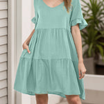 A-Line Flared Sleeves Pleated Pockets Ruffled Solid Color Split-Joint Round-Neck Mini Dresses
