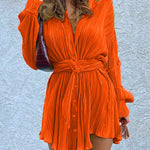 Long Sleeves Buttoned Pleated Solid Color Tied Waist Lapel Mini Dresses Shirt Dress