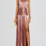 Elasticated Waist Sleeveless Pleated Shiny Solid Color Split-Side Halter-Neck Maxi Dresses