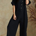SHORT SLEEVE V NECK JUMPSUIT BUTTON DOWN TURNDOWN COLLAR WIDE LEG JUMPSUIT