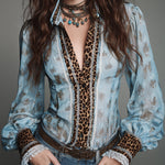 Retro Leopard Print Fitted Blouse With Lace Trim