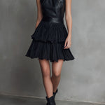 Chic Black Eco Leather & Pleated Chiffon Tiered Skirt Mini Dress