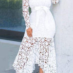 High-neck lace bow tie irregular long skirt