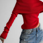 Long Sleeves Loose Solid Color Off-The-Shoulder Pullovers Sweater Tops