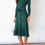 High Waisted Long Sleeves Solid Color Tied Waist Round-Neck Midi Dresses Sweater Dresses