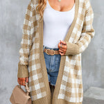 Khaki Plaid Ribbed Contrast Open Front Long Cardigan
