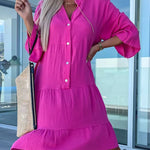 Rose Crinkled Tiered Split Neck Shirt Dress