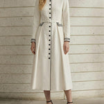 A-Line Elasticated Waist Belted Buttoned Contrast Color Line Split-Joint Stand Collar Maxi Dresses