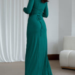 Bodycon High Waisted Asymmetric Pleated Ruffled Solid Color Split-Joint Round-Neck Maxi Dresses