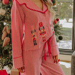 Nutcracker Charm Embroidered Gingham Loose Shirt and Elastic Waist Pajama Set