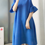 A-line Flared Sleeves Pleated Solid Color Round-neck Maxi Dresses Midi Dresses