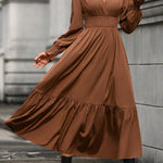 A-Line Flared Sleeves Elasticity Pleated Solid Color V-Neck Midi Dresses