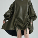 High-Low Long Sleeves Drawstring Pleated Solid Color Stand Collar Mini Dresses