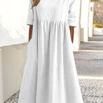 A-Line Half Sleeves Pleated Pockets Solid Color Round-Neck Midi Dresses