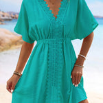 Batwing Sleeves Loose Elasticity See-Through Split-Joint V-Neck Mini Dresses