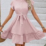 A-Line Loose Buttoned Pleated Polka-Dot Tied Waist Round-Neck Mini Dresses