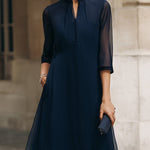 Mandarin Collar Sheer Overlay Midi Dress