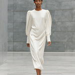 Women's Casual White Cotton And Linen Round Neck Loose Long-sleeved Maxi Dress