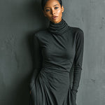 Women's Charcoal Elegant Stretch Polyester-Cotton Blend Turtleneck Draped Maxi Dress