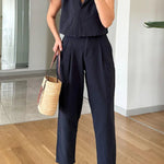 Casual Solid Lapel Vest & Pants Cotton Linen Two-piece Set