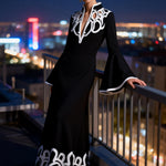 A-Line Flared Sleeves Abstract Printed Contrast Color Hollow Line Split-Joint Stand Collar Maxi Dresses