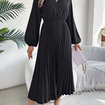 A-Line High Waisted Elasticity Pleated Solid Color V-Neck Maxi Dresses