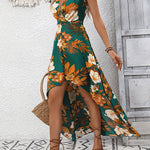 High-Low Loose Flower Print Split-Joint V-Neck Maxi Dresses