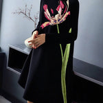 A-Line Long Sleeves Flower Print Pockets Mock Neck Midi Dresses
