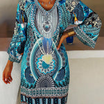 A-Line Flared Sleeves Printed Split-Joint V-Neck Mini Dresses