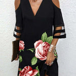 Half Sleeves Loose Flower Print Hollow Mesh Split-Joint Cold Shoulder Mini Dresses