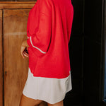 Class Act Knit Contrast Color Trim Mock Neck Pockets Sweater