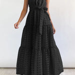 Loose Sleeveless Plaid Ribbed Stand Collar Maxi Dresses