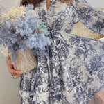 Loose Puff Sleeves Pleated Printed Split-Joint Tied Waist Lapel Mini Dresses Shirt Dress