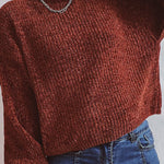 Solid Color Casual Round Neck Lantern Sleeve Short Knitted Sweater