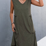 A-line Loose Pleated Solid Color Split-Joint V-neck Midi Dresses