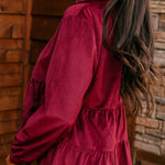 Burgundy Smocked Ruffle Tiered Button-up Shirt