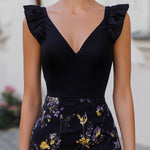 V-Neck Ruffle-Shoulder Floral Midi Dress